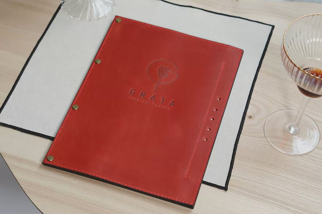 Leather & Wood Menu Cover: Embossed Logo Vintage Menu Board