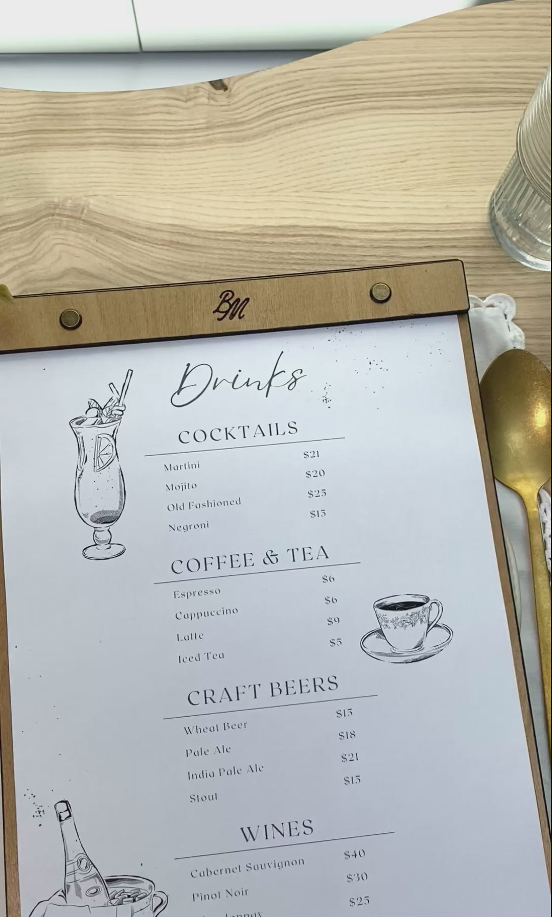 Wood Menu Clipboard: Restaurant Menu Holder, Personalized Logo