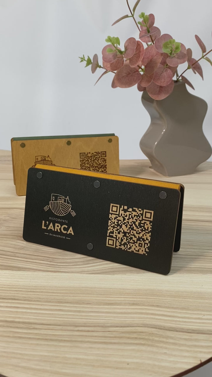 Personalized Wooden QR Code Menu Holder with Vintage Leather