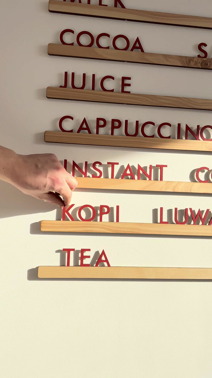 Wall Mounted Menu Board: Wooden Letter Rails for Cafe