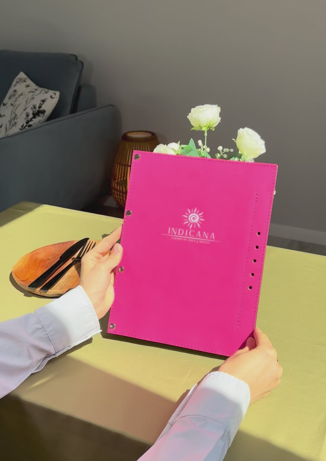 Embossed Logo Leather Menu Holder: Wood Restaurant Menu