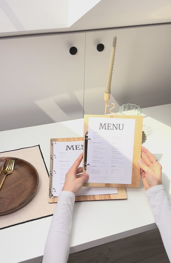 Personalized Wood Menu Cover: Engraved Logo Ring Binder