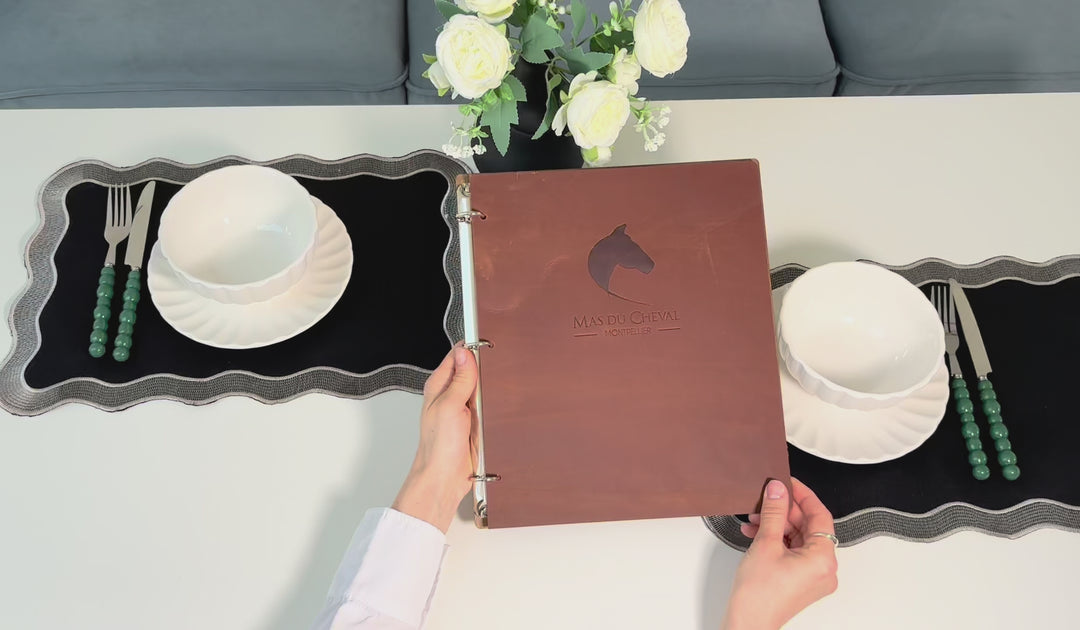 Personalized Wood Menu Cover: Engraved Logo, Ring Binder, Leather Accents