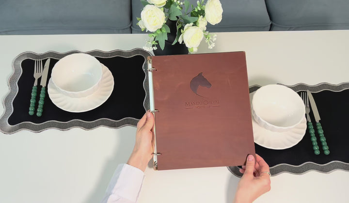 Personalized Wood Menu Cover: Engraved Logo, Ring Binder, Leather Accents
