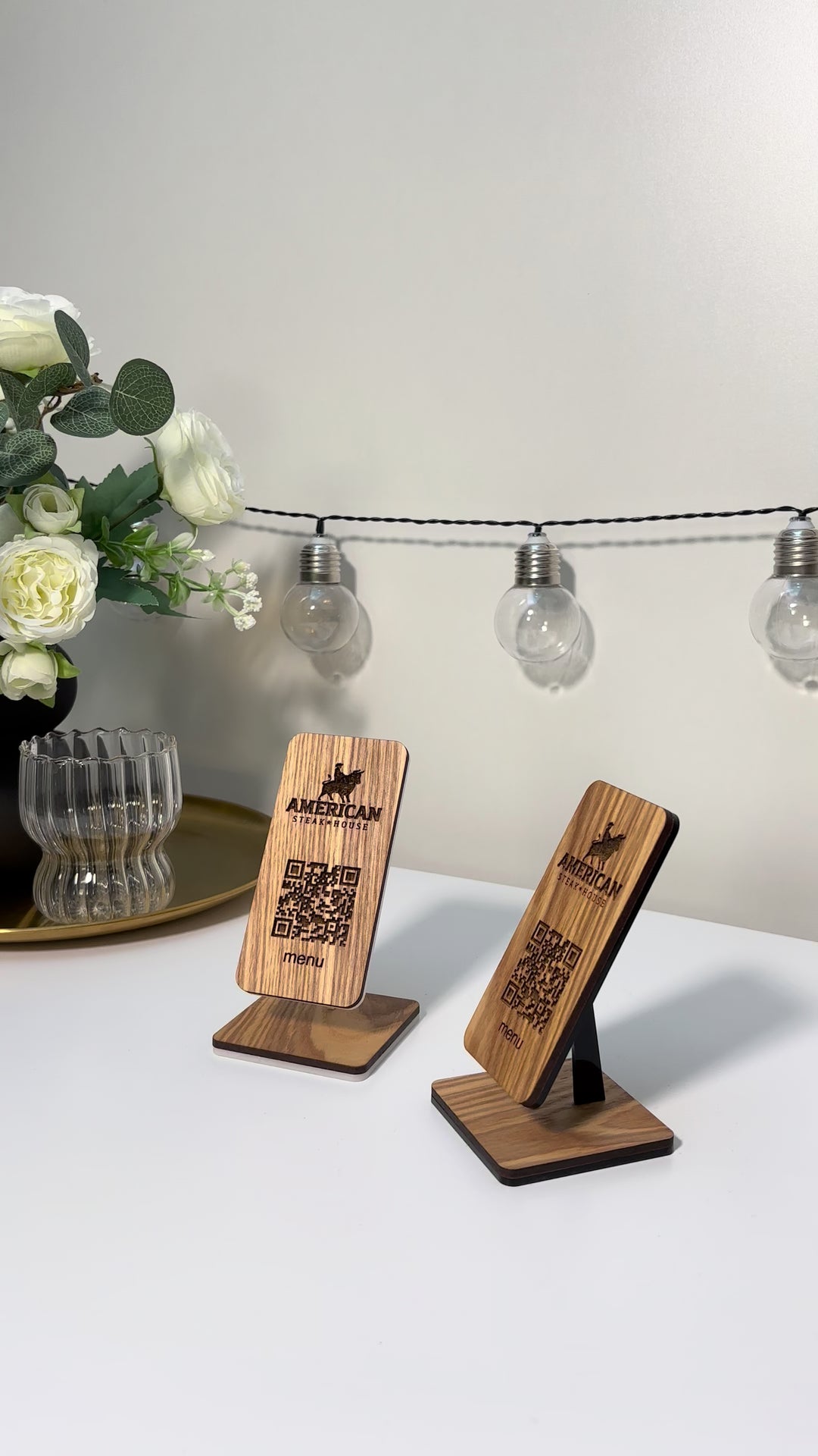 Personalized Wooden QR Code Menu Stand with Engraved Logo