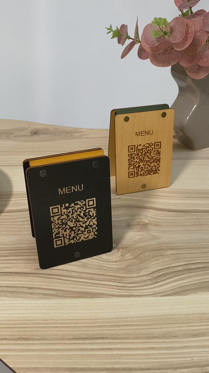 Personalized Wooden QR Code Menu Sign with Vintage Leather